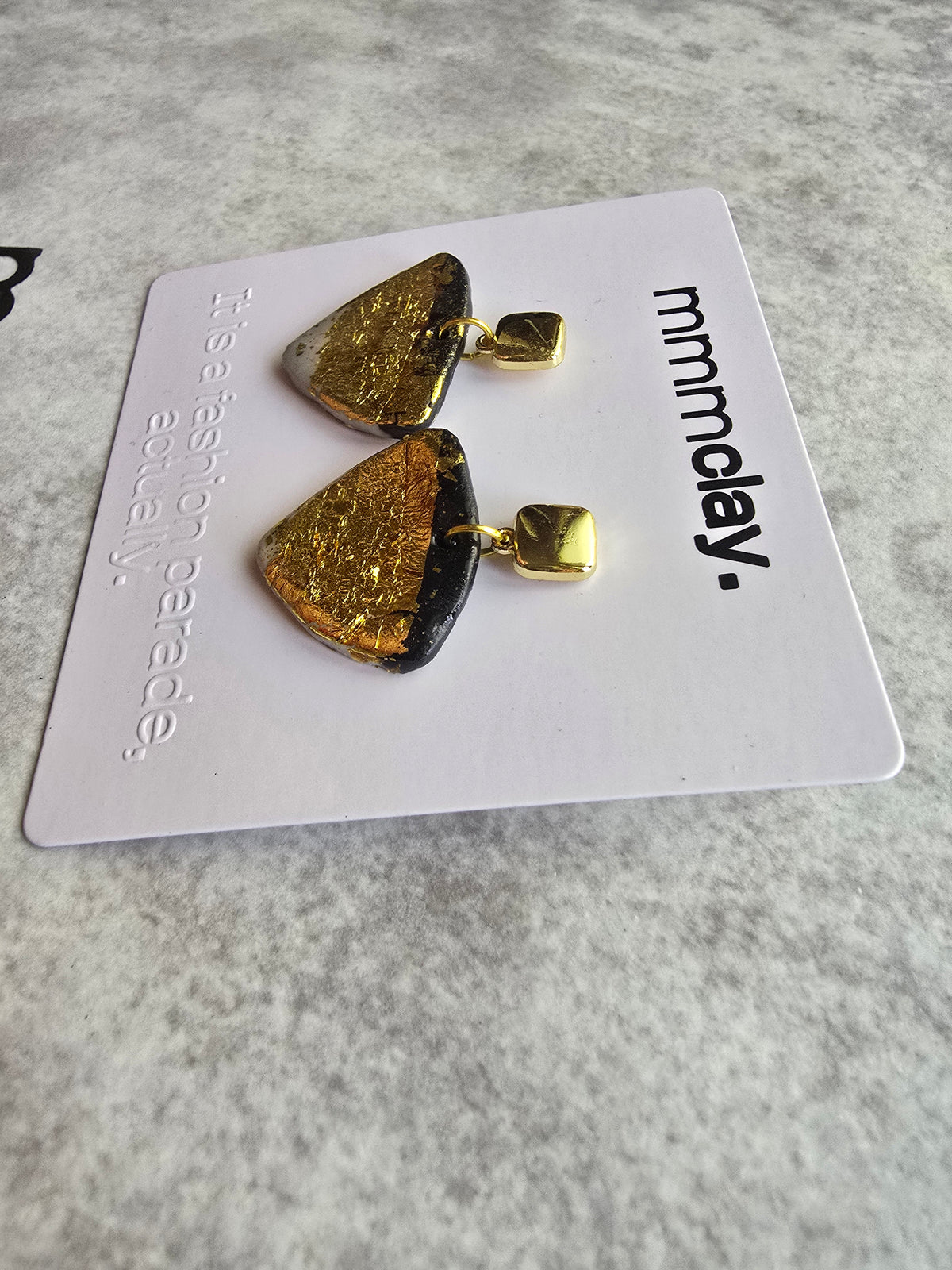 Black and Gold Geometric Triangle Polymer Clay Earrings | 9K Gold Plated