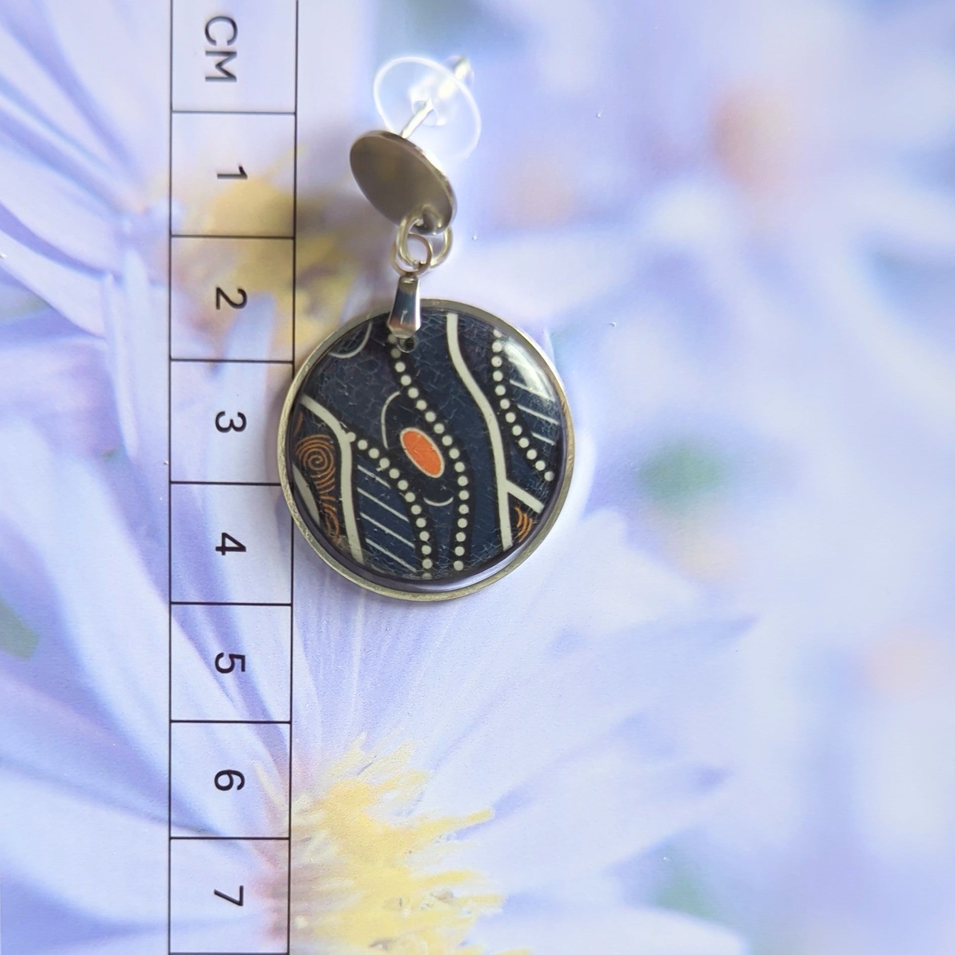 Earrings: Blue, Orange and Black Tribal Style Design.