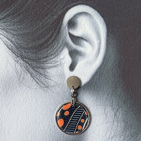Earrings: Blue, Orange and Black Tribal Style Design.