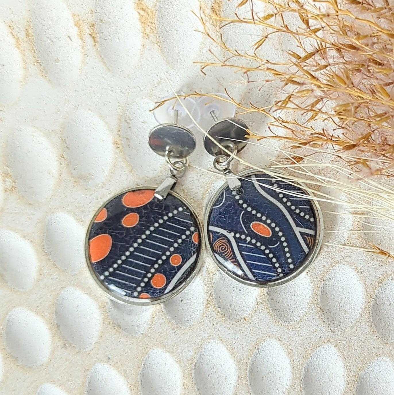 Earrings: Blue, Orange and Black Tribal Style Design.