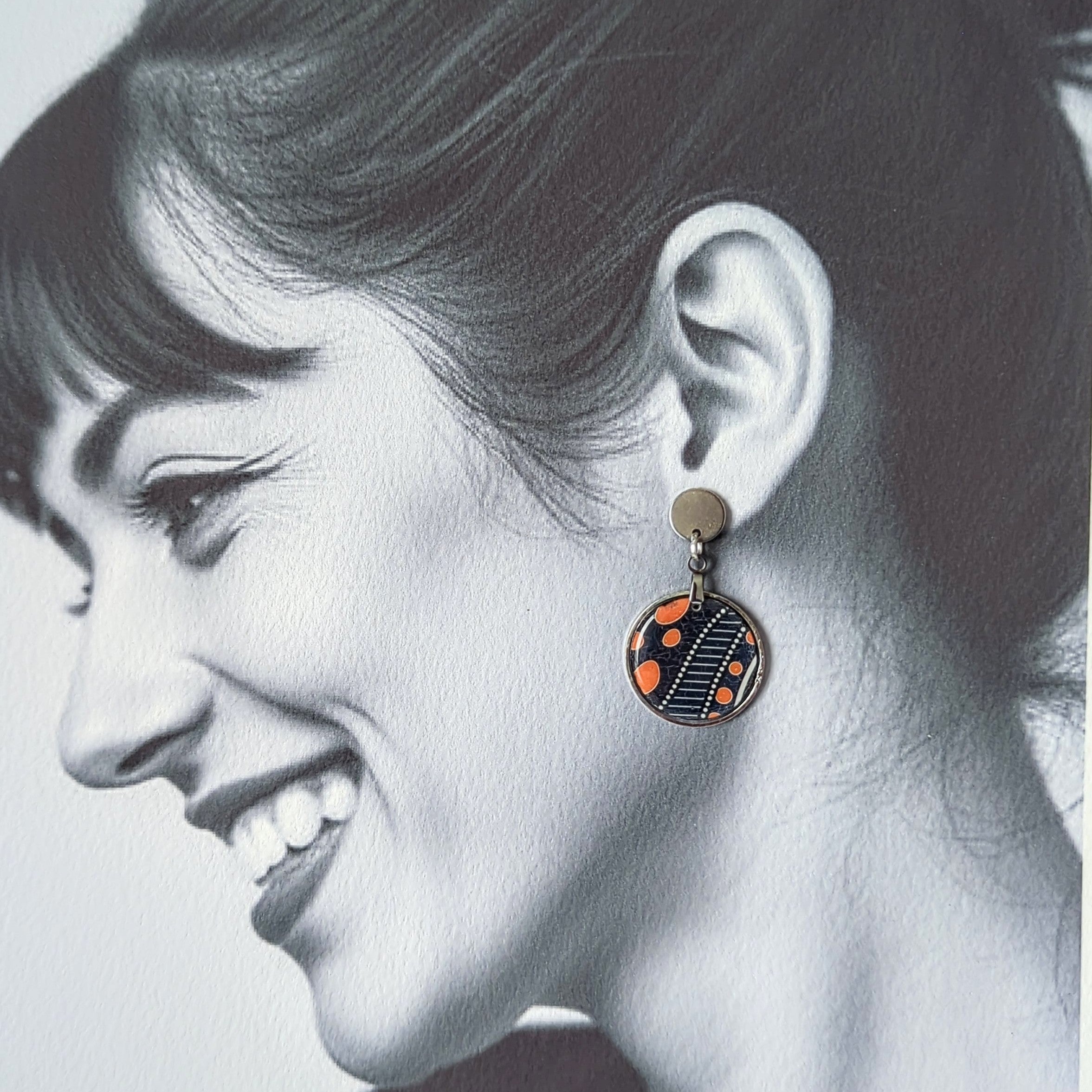 Earrings: Blue, Orange and Black Tribal Style Design.