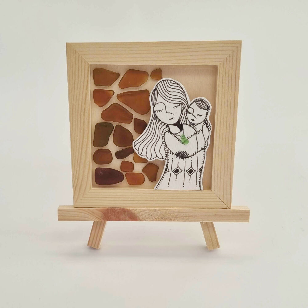Sea Glass Series : Beautiful Mum with her Baby Original Art with Sea Glass