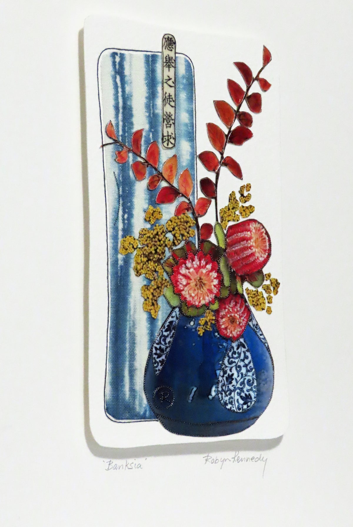 Unframed Collage Art - Red Banksia in Blue Vase
