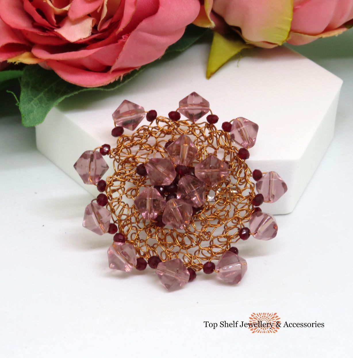 Lilac and Ruby Copper Crochet Wire Beaded Brooch