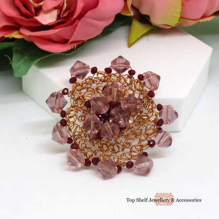 Lilac and Ruby Copper Crochet Wire Beaded Brooch
