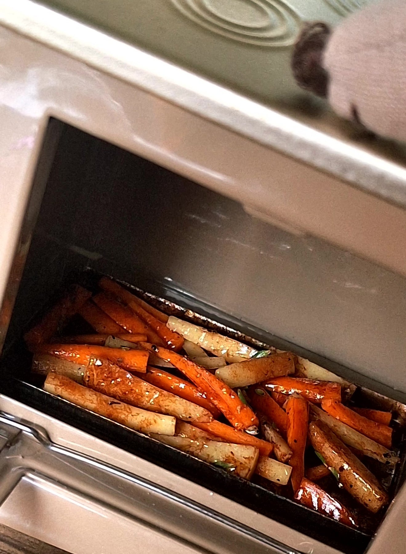 Honey roasted Carrot and Parsnips (with metal serving spoon)