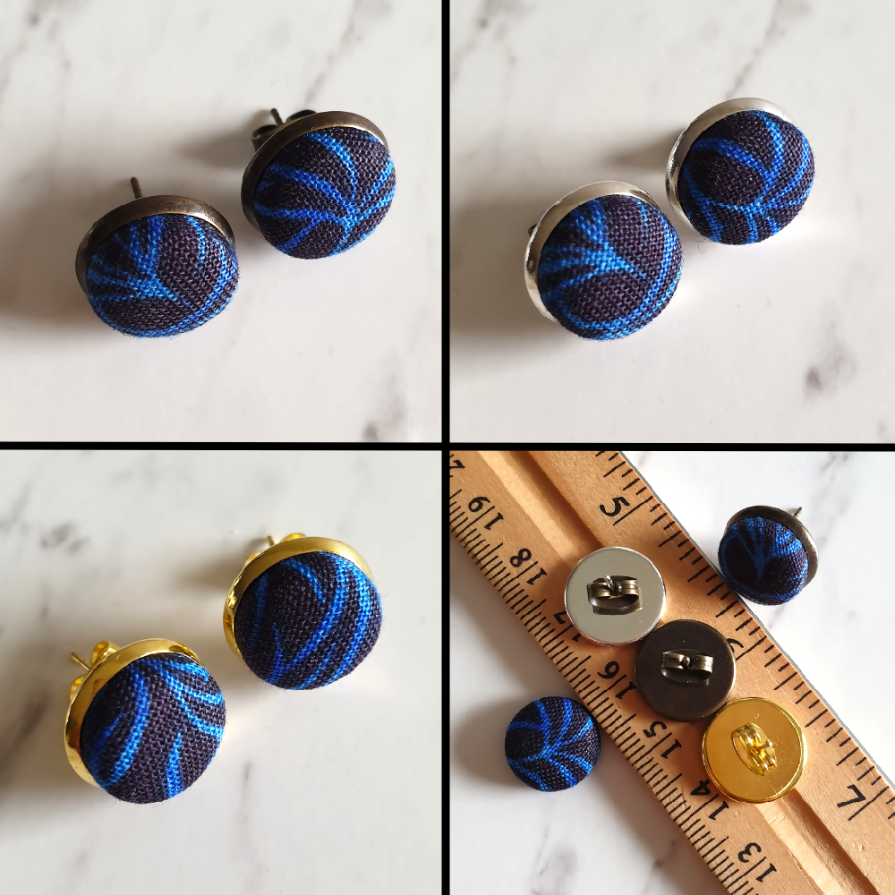 1.4cm Round Black & Blue Plants cotton fabric Cabochon stud earrings