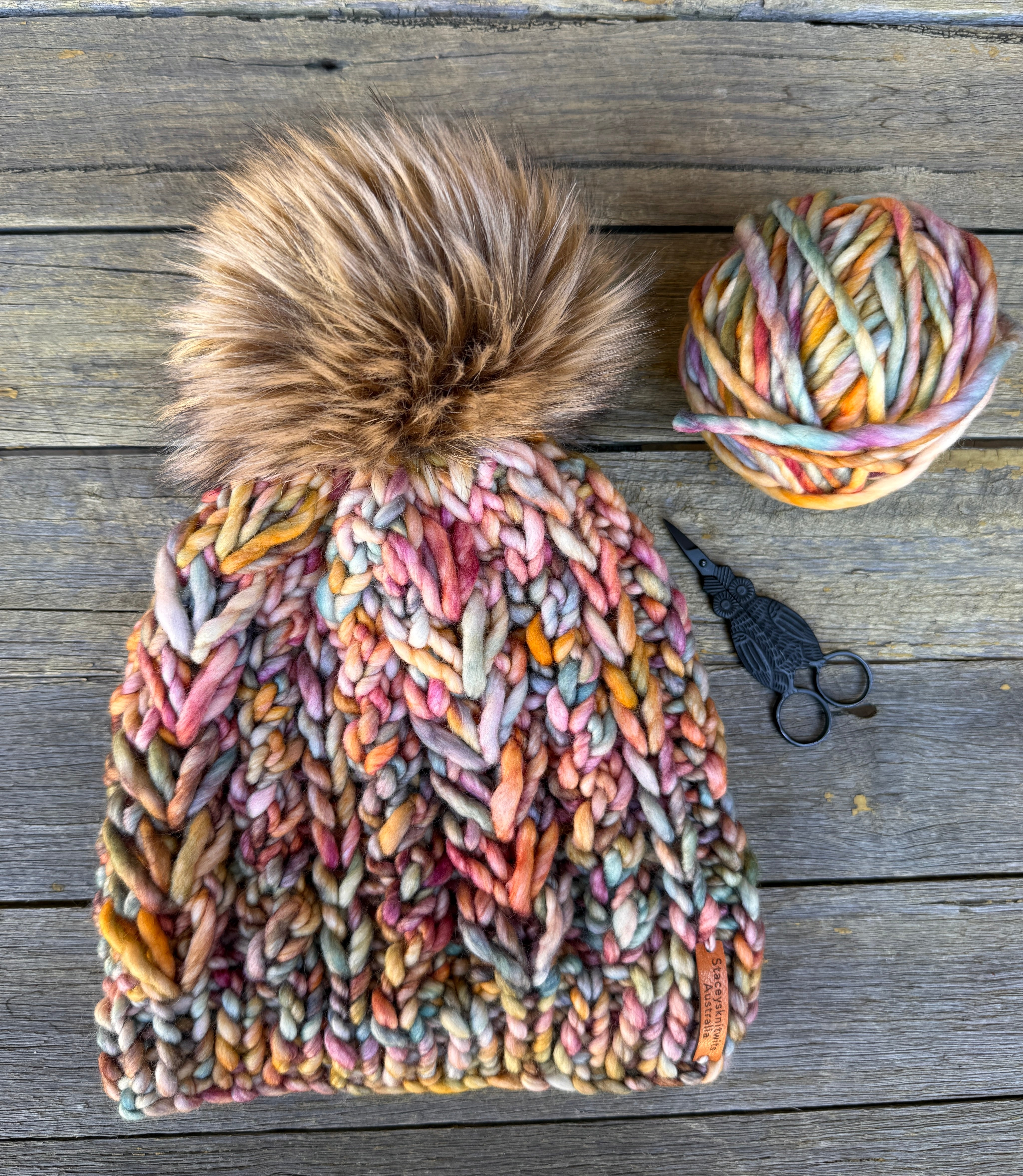 Hand knitted merino beanie, ladies pompom beanie