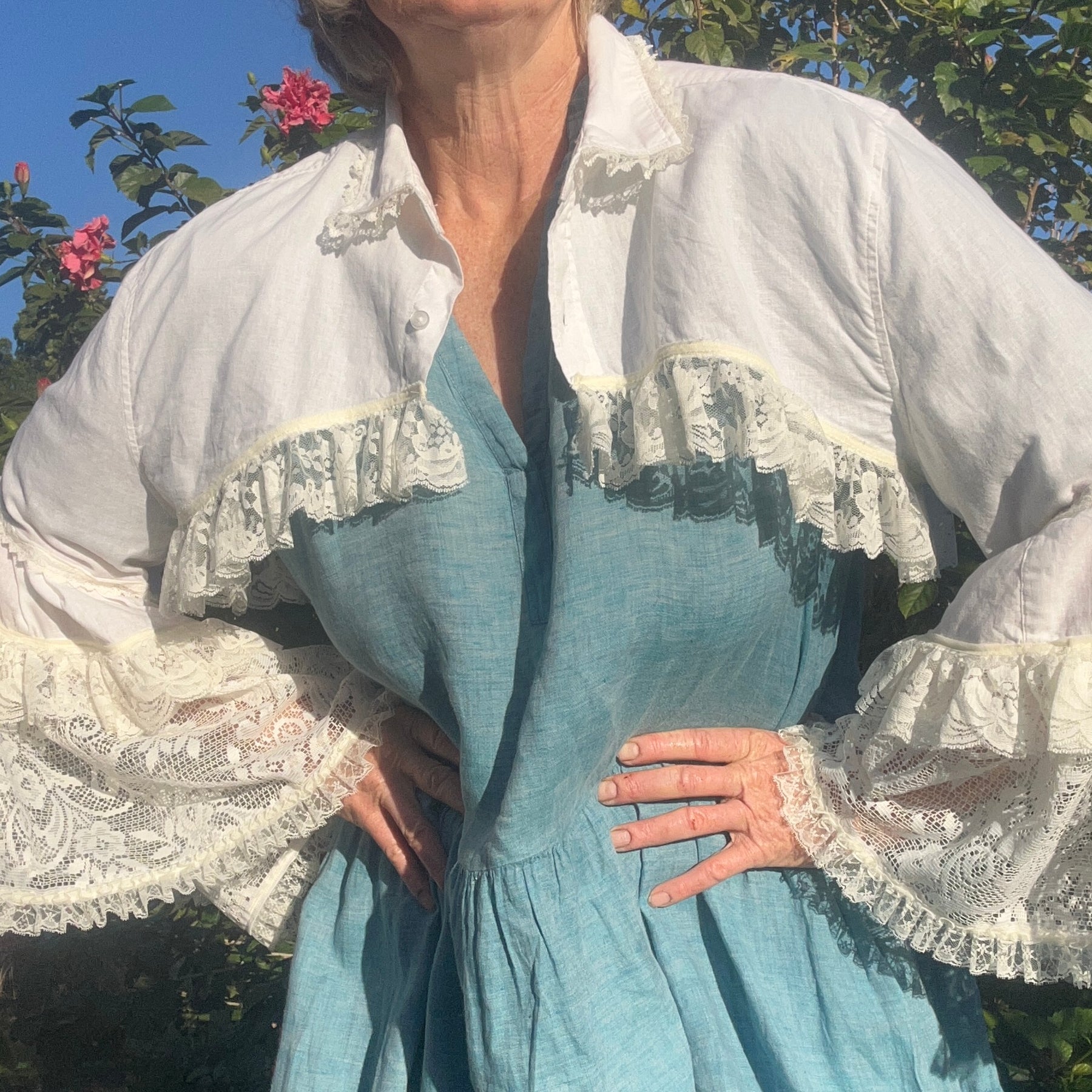 Upcycled White Linen Blend Bolero Sheer Lace Sleeves