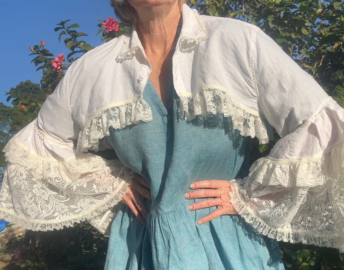Upcycled White Linen Blend Bolero Sheer Lace Sleeves