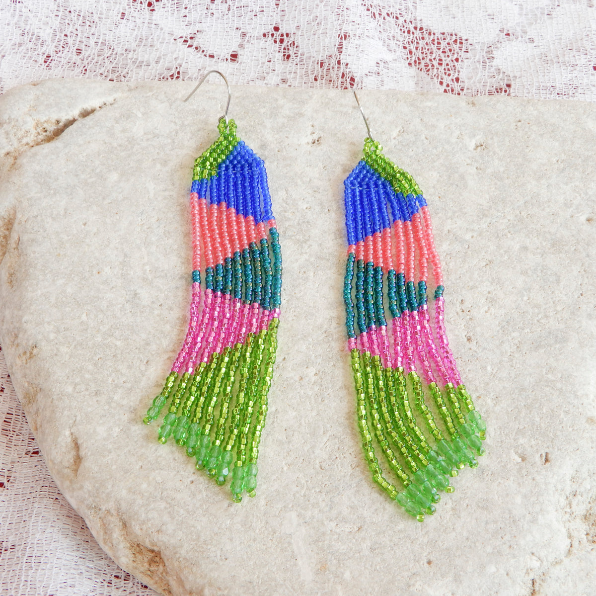 Pink & Green Beaded Fringe Earrings