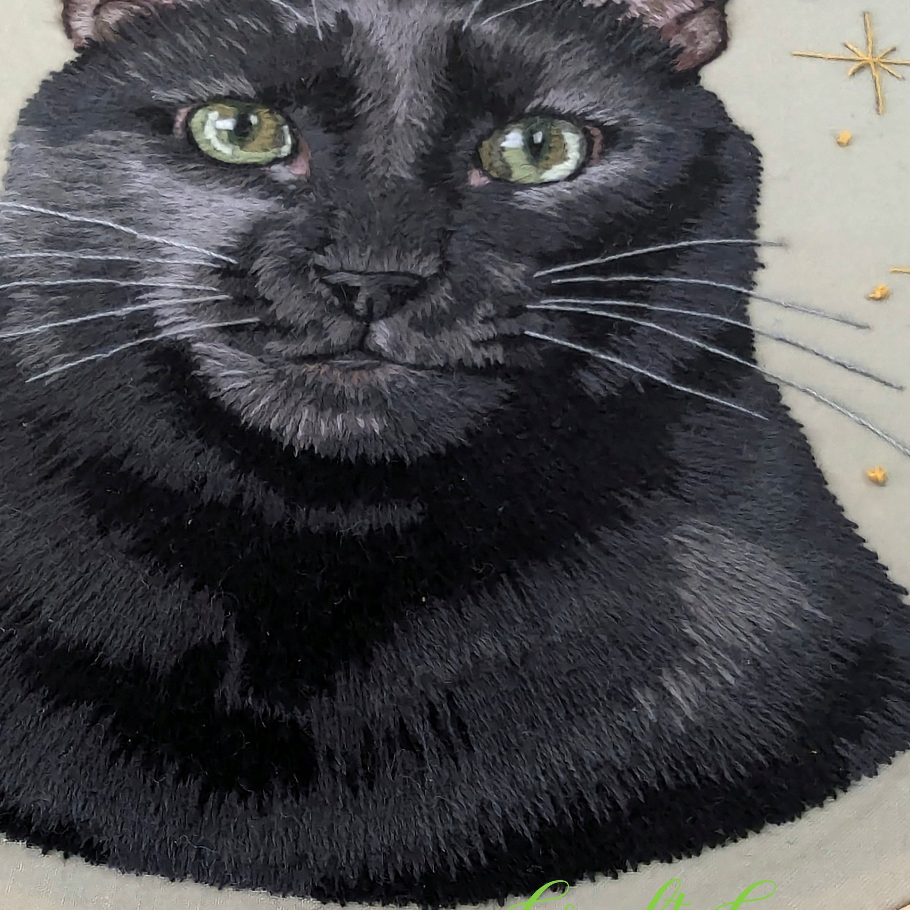 Black Cat Thread Painting – Hand Embroidered Pet Portrait in Hoop