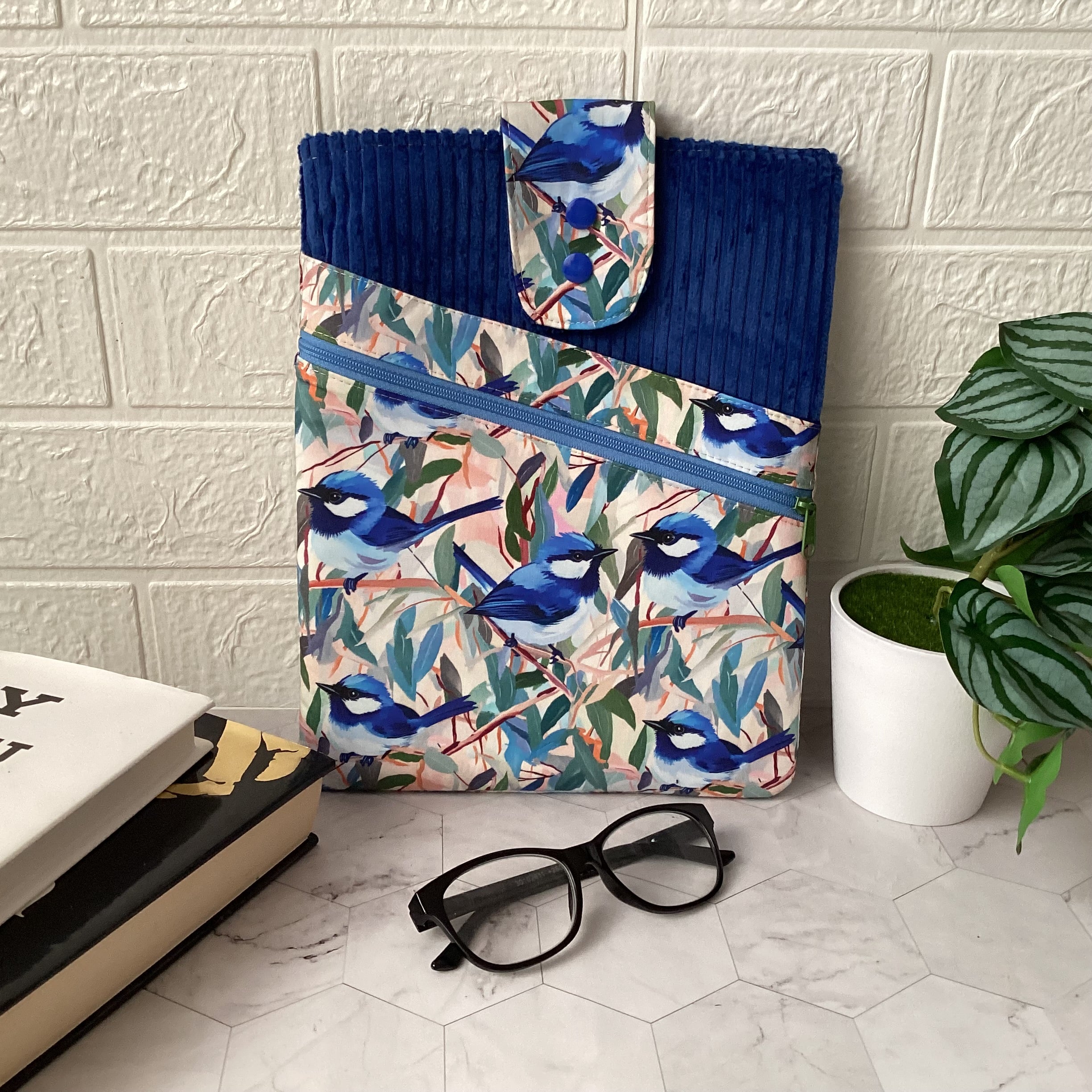 Blue wrens fabric book sleeve with 2 pockets. iPad, tablet pouch