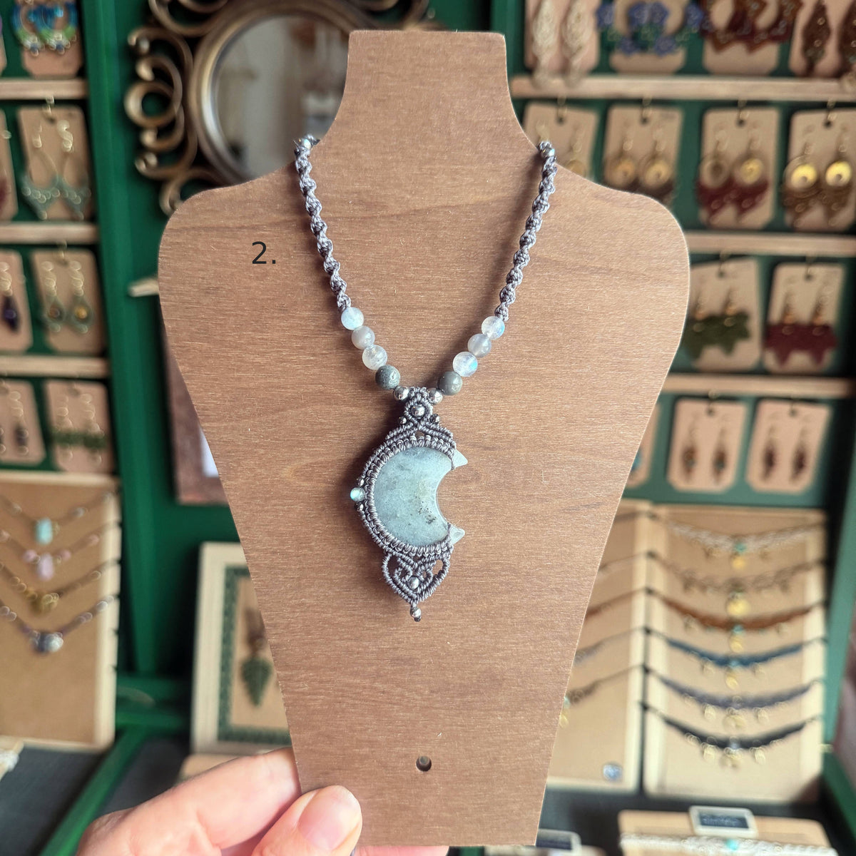 Macrame Moon Pendant with Several Gemstone Options
