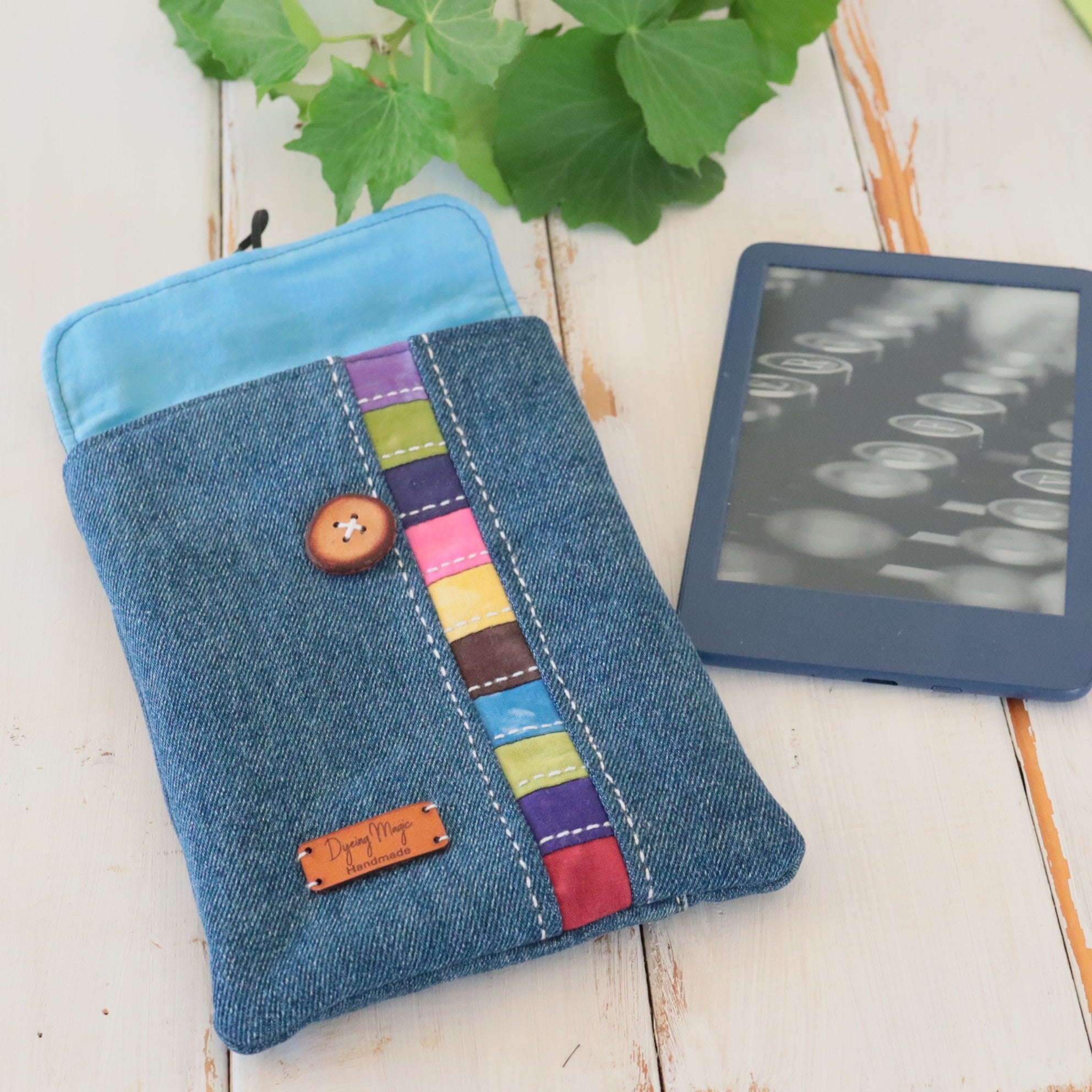 Kindle Sleeve, E-reader sleeve, Upcycled Denim, Hand dyed Patchwork