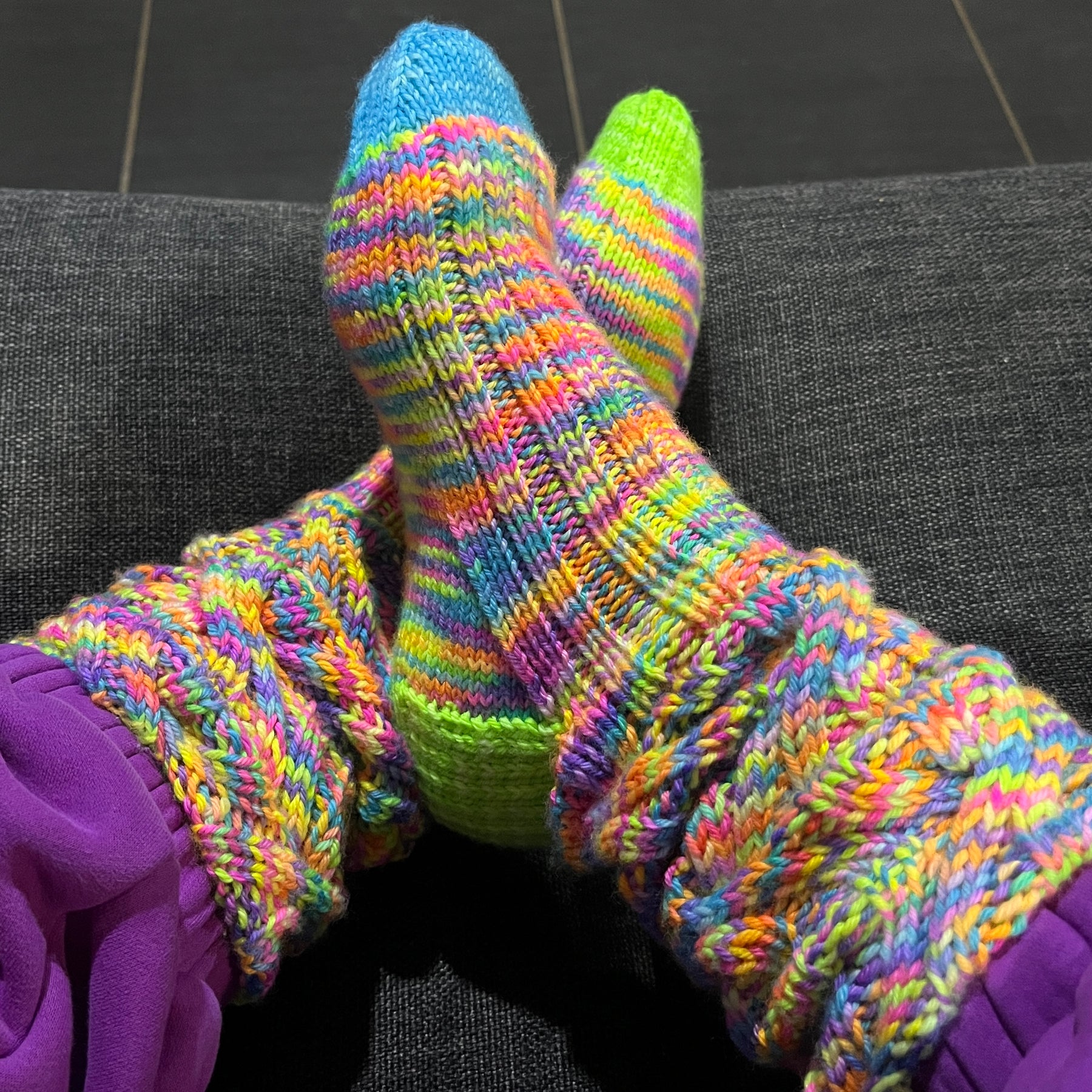 Hand knit neon cable slouch socks using Australian hand dyed yarn