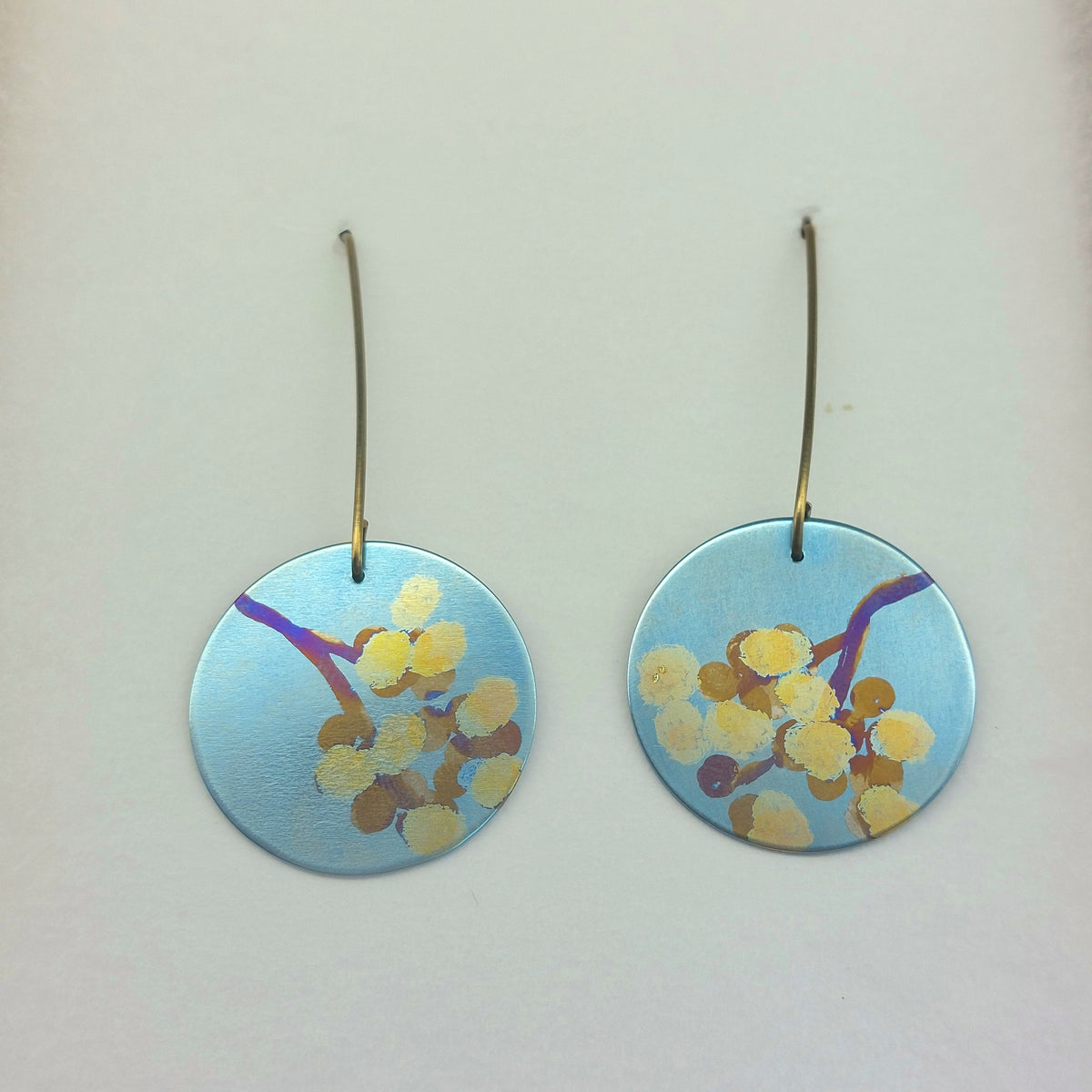 Titanium Disc Earrings with Wattle Design- Sky Blue, Yellow, Gold, Bronze