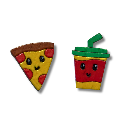 Pizza and drink studs - wooden, hand painted