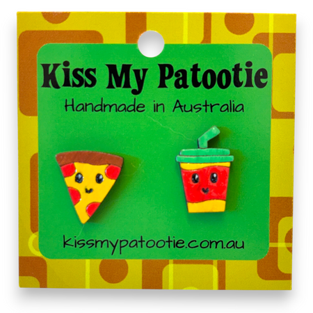 Pizza and drink studs - wooden, hand painted
