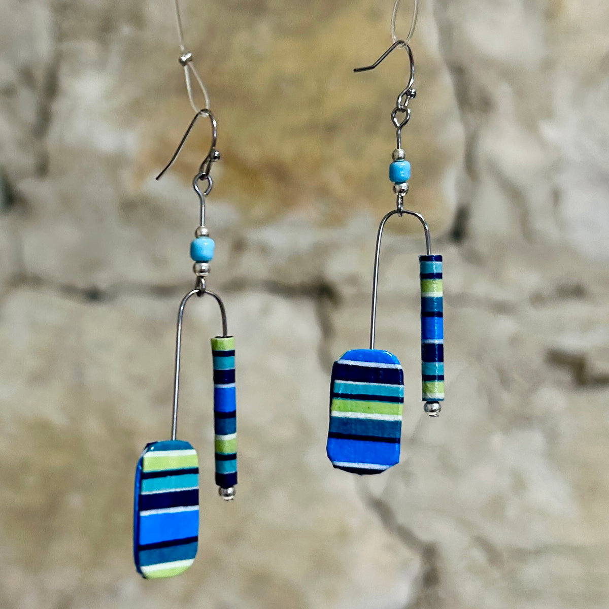 Earrings Long Striped Aqua Navy Mint Green - EC-642