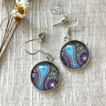 Paisley Pattern Earrings with Blue and Pink