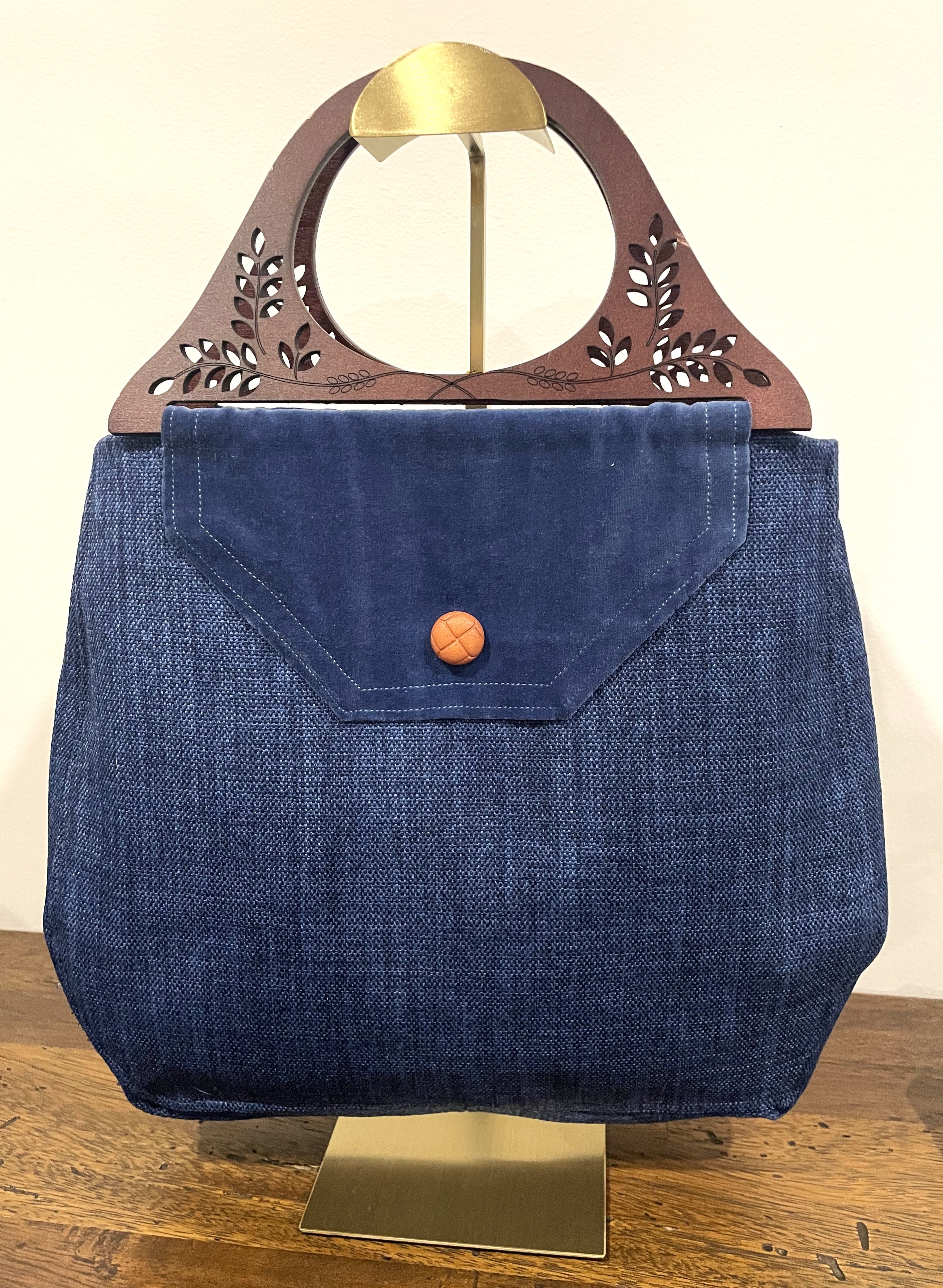 Handmade Blue Wooden Handled Handbag