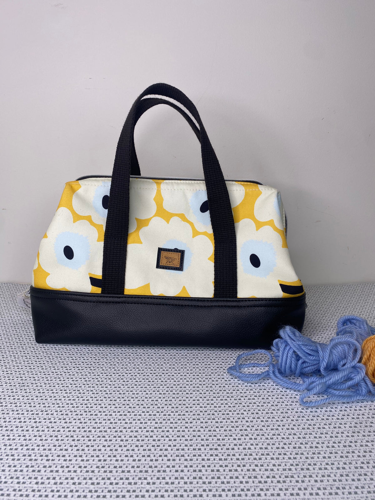 Project Bag - Flowers on Yellow with a Black Faux Leather Base