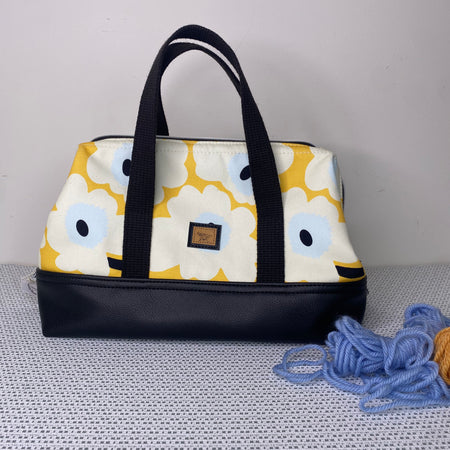 Project Bag - Flowers on Yellow with a Black Faux Leather Base