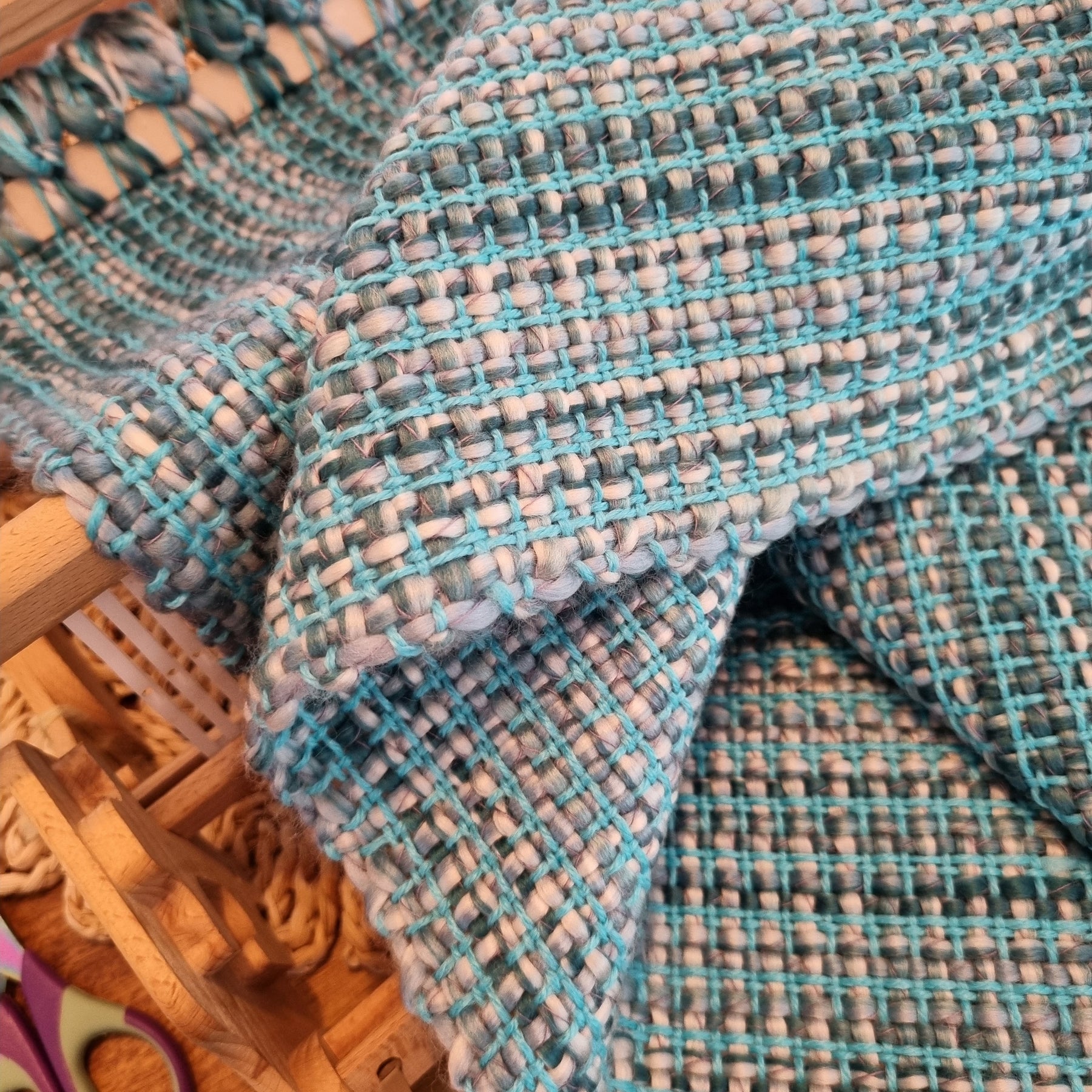 Handwoven blue scarf - square texture design
