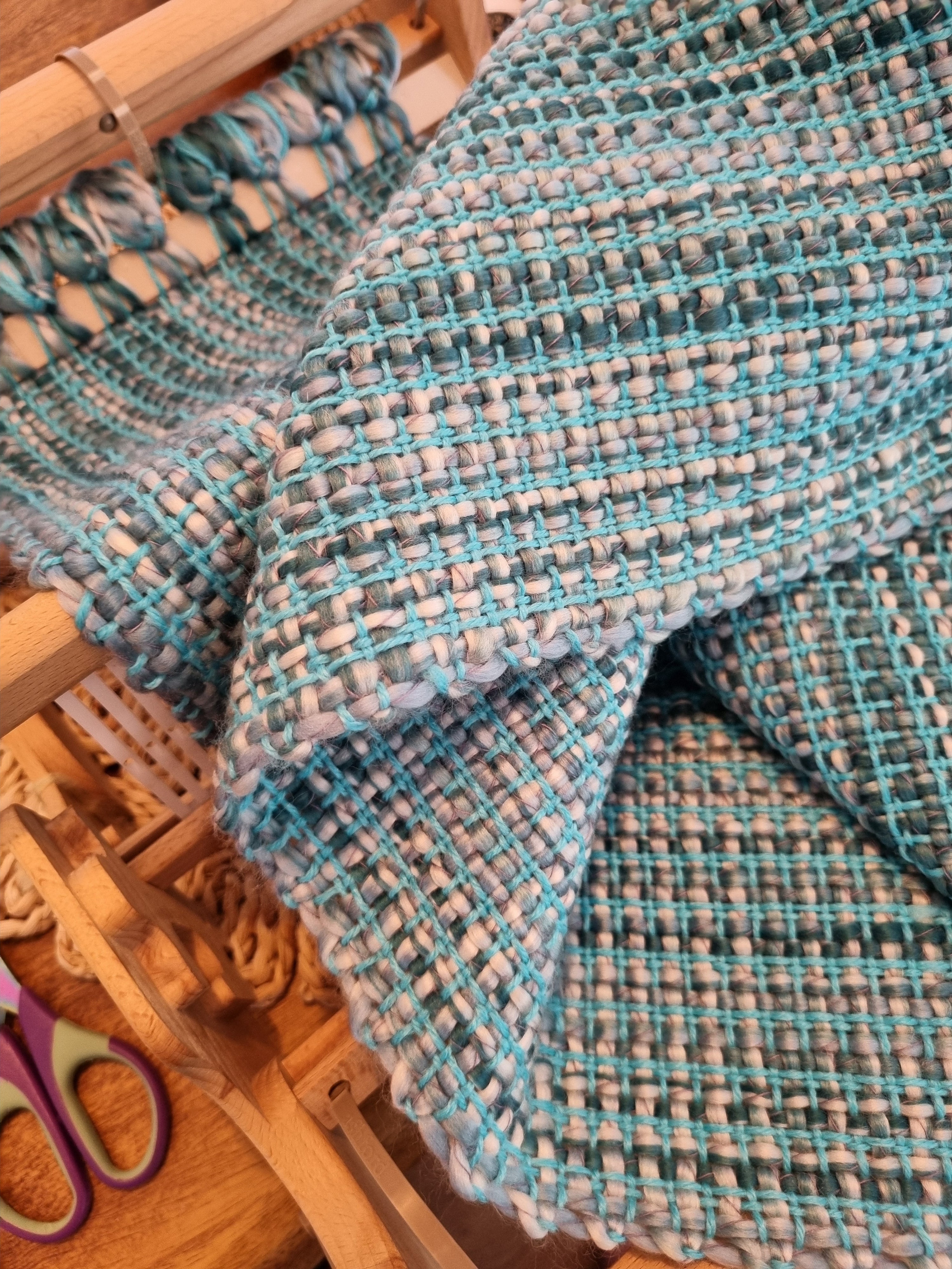 Handwoven blue scarf - square texture design