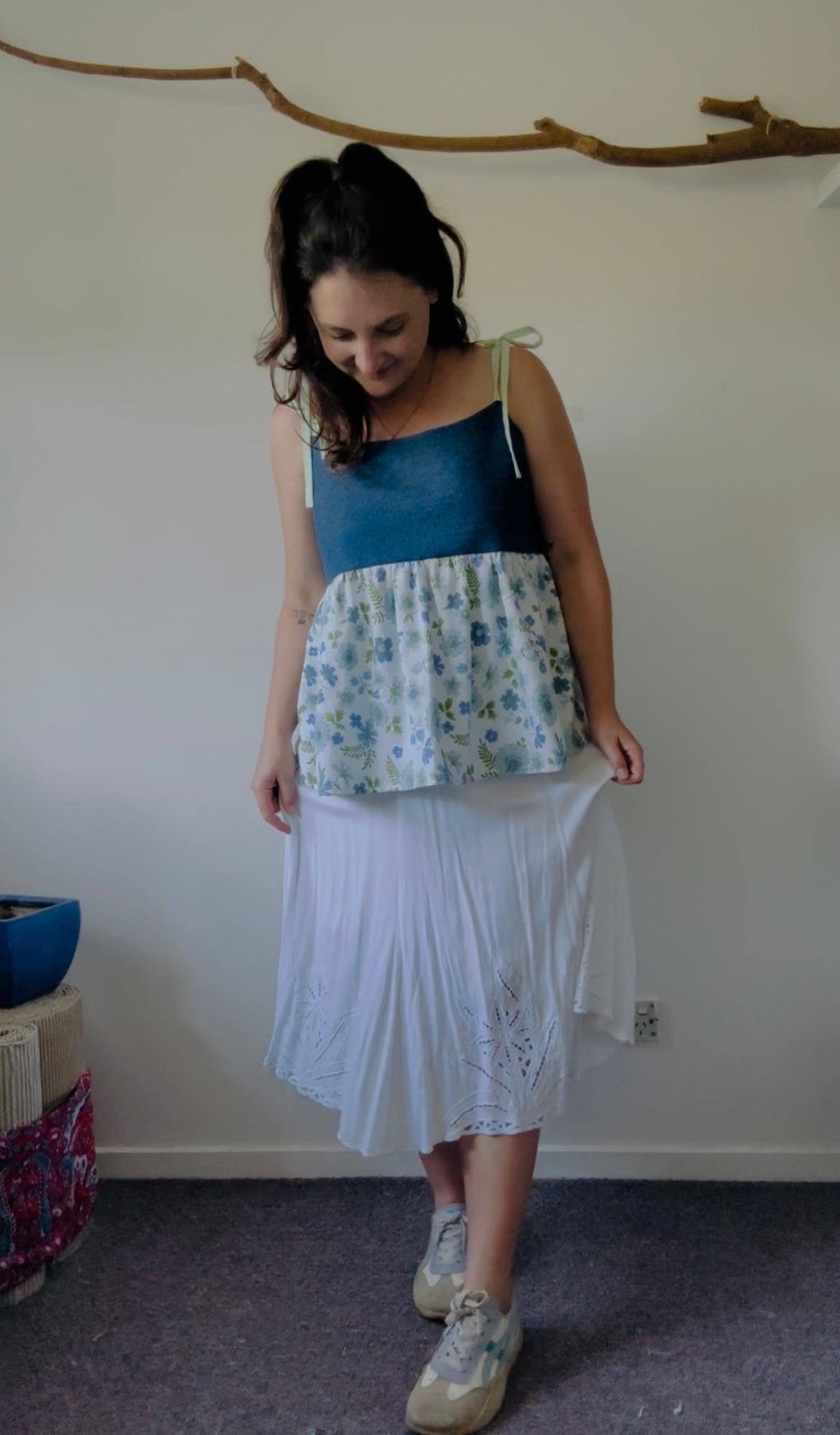 Upcycled Babydoll Top | Denim & Blue Floral Size 16