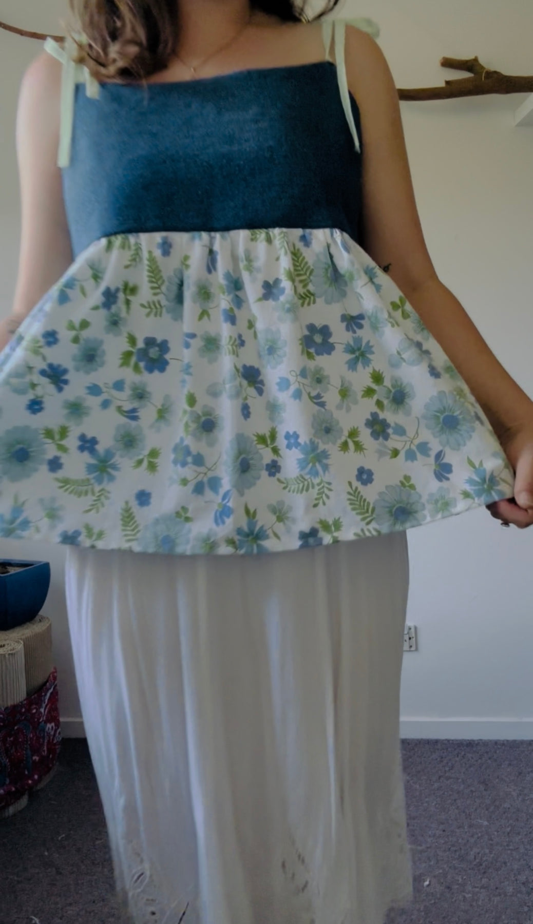 Upcycled Babydoll Top | Denim & Blue Floral Size 16