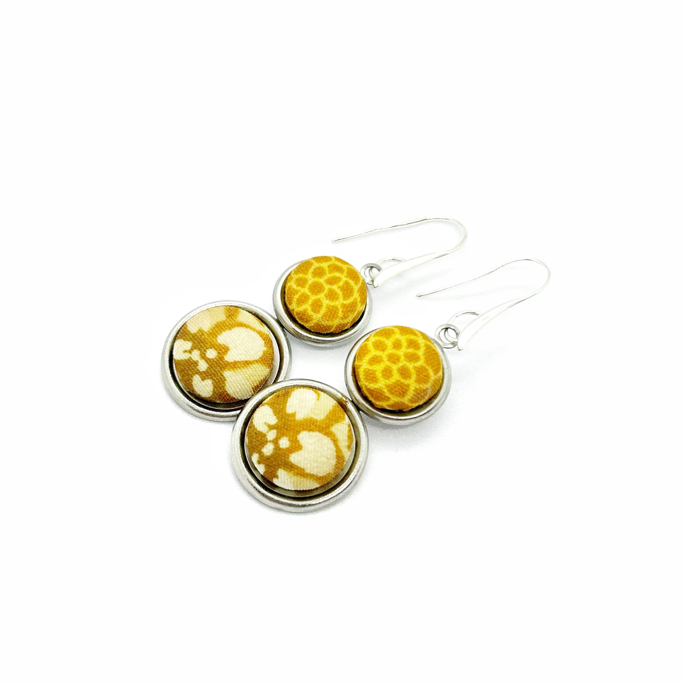 Double Drop Kimono Fabric Button Earrings - Mustard