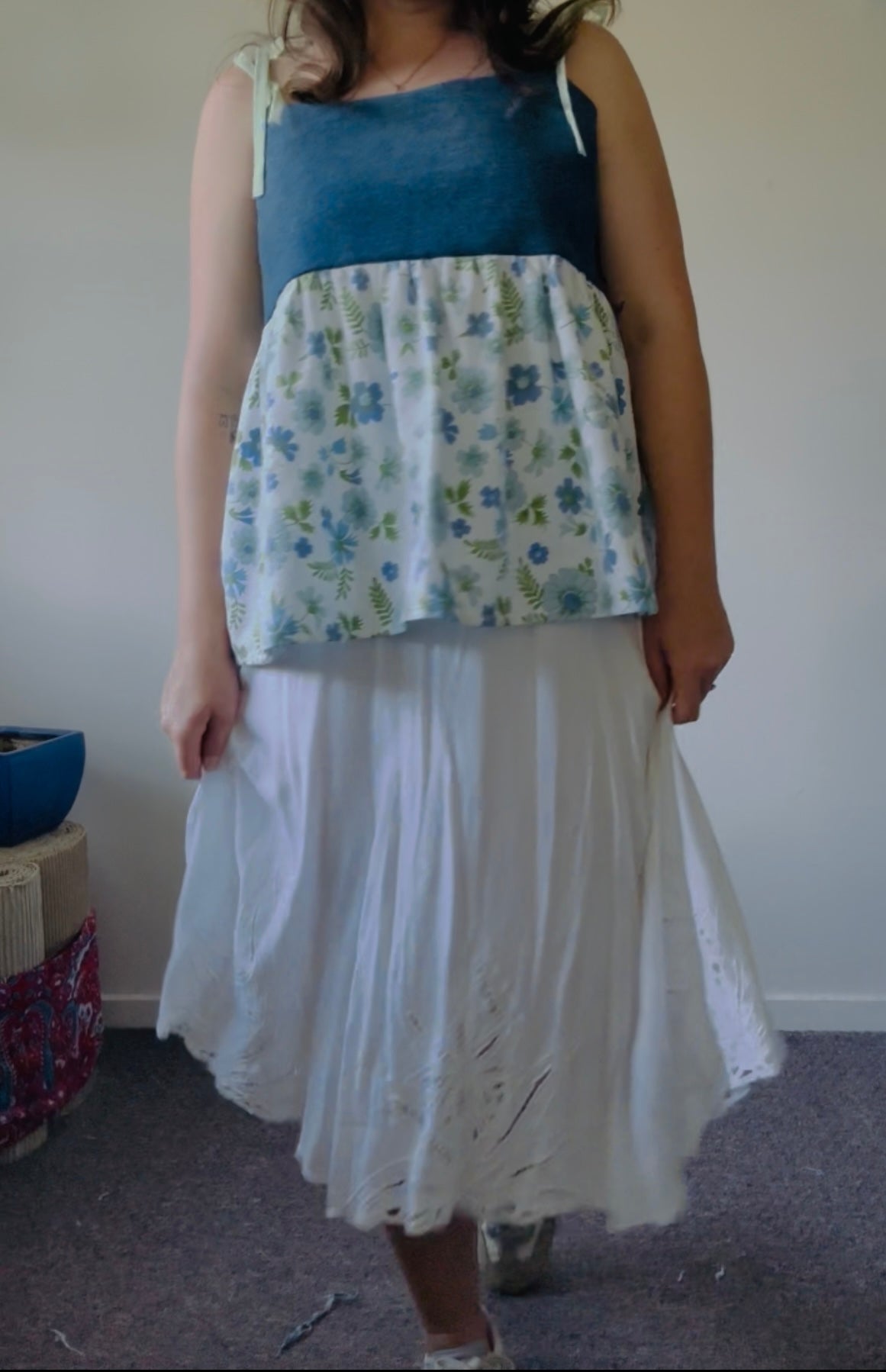 Upcycled Babydoll Top | Denim & Blue Floral Size 16