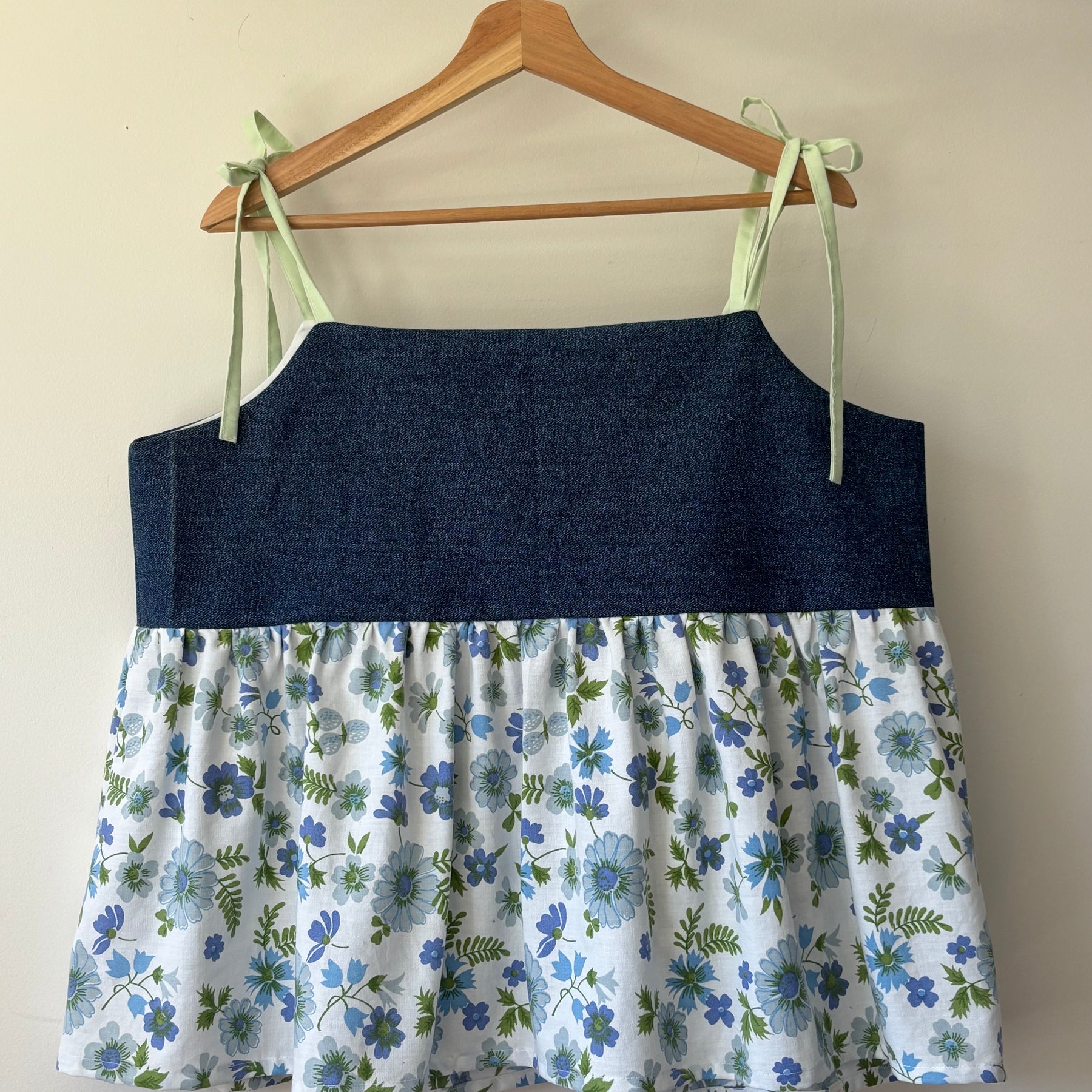 Upcycled Babydoll Top | Denim & Blue Floral Size 16