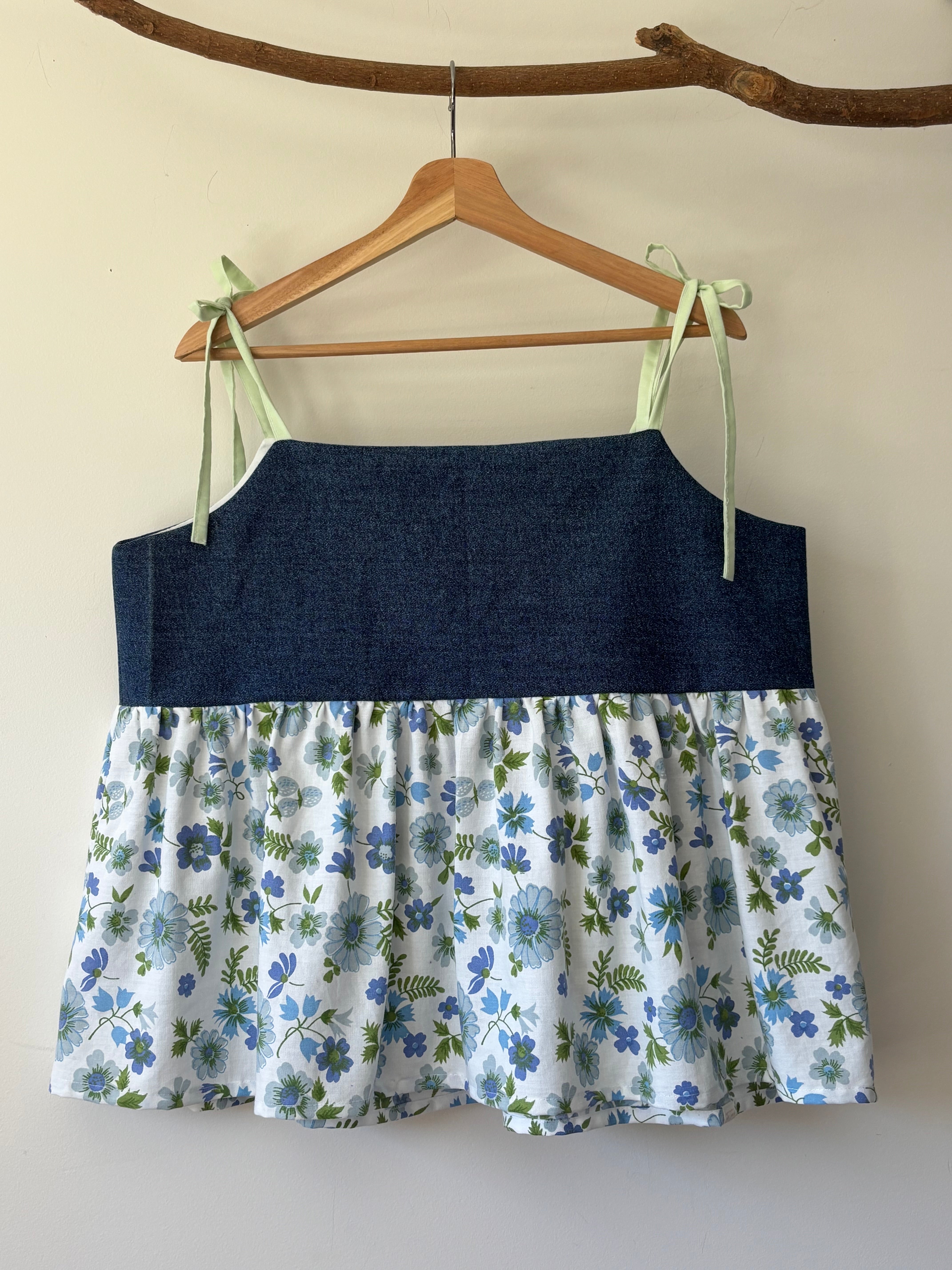 Upcycled Babydoll Top | Denim & Blue Floral Size 16