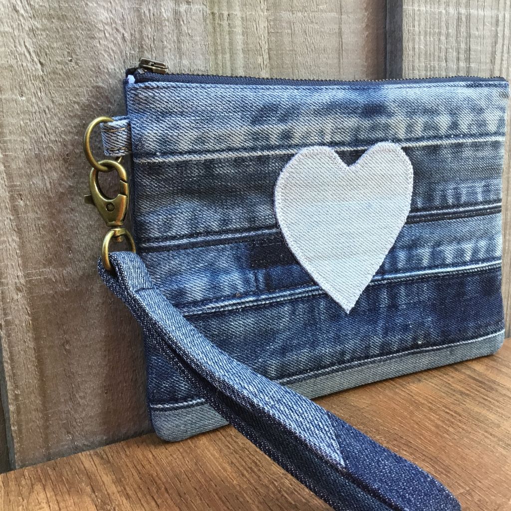 Upcycled Denim Wristlet Purse - Pale Blue Heart