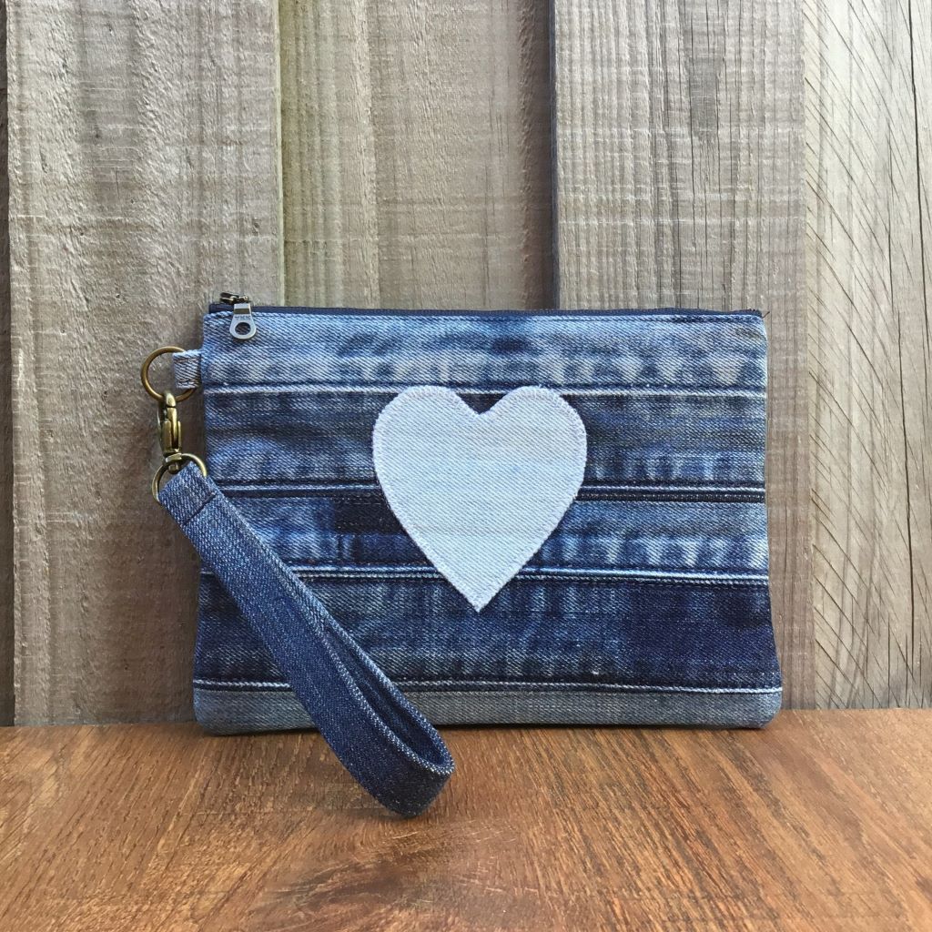 Upcycled Denim Wristlet Purse - Pale Blue Heart