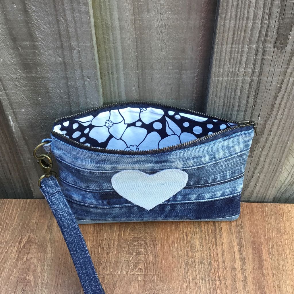 Upcycled Denim Wristlet Purse - Pale Blue Heart