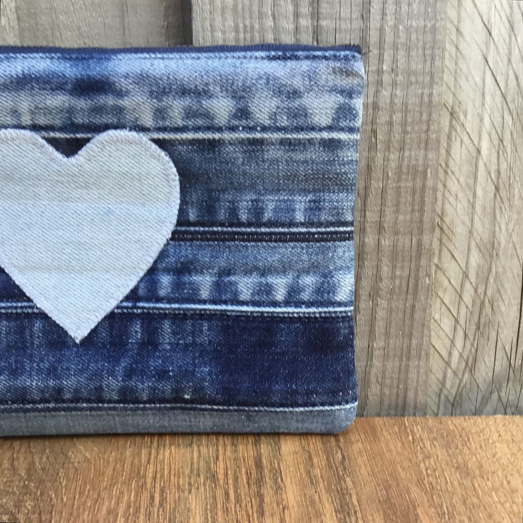 Upcycled Denim Wristlet Purse - Pale Blue Heart