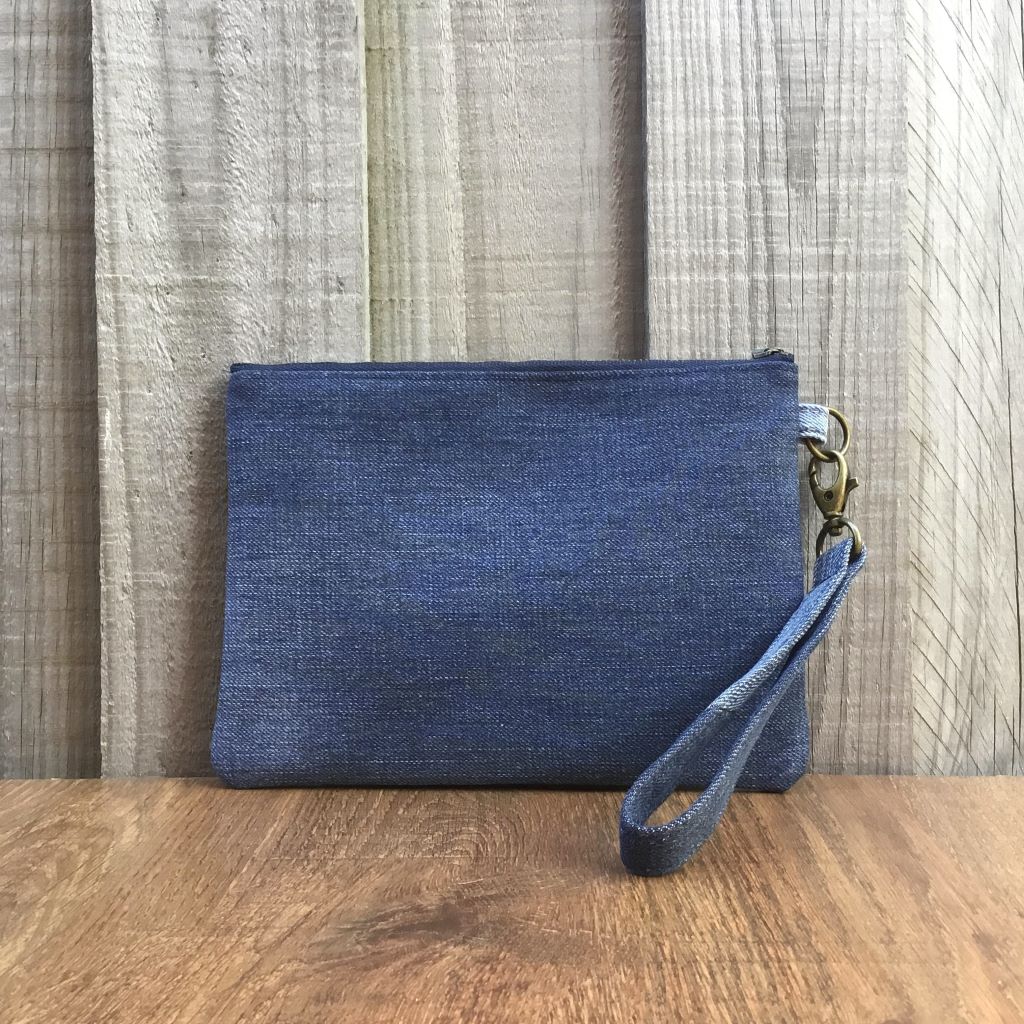 Upcycled Denim Wristlet Purse - Pale Blue Heart
