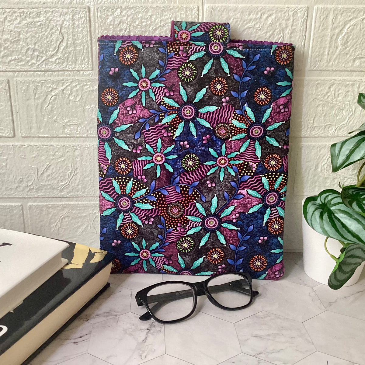Indigenous print fabric book sleeve with 2 pockets. iPad, tablet pouch