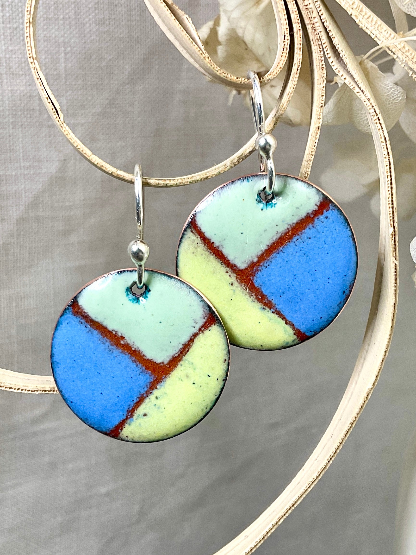 Yellow blue and green retro earrings. Enamel.