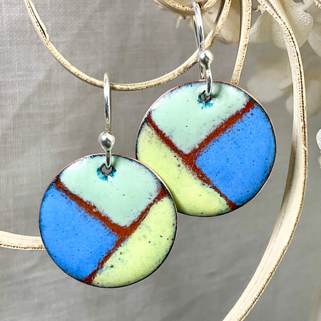 Yellow blue and green retro earrings. Enamel.
