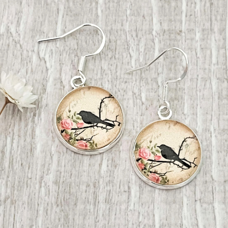 Floral Bird Earrings • Enchanting Blackbird Earrings • Adorable with a Spring or Summer Dress