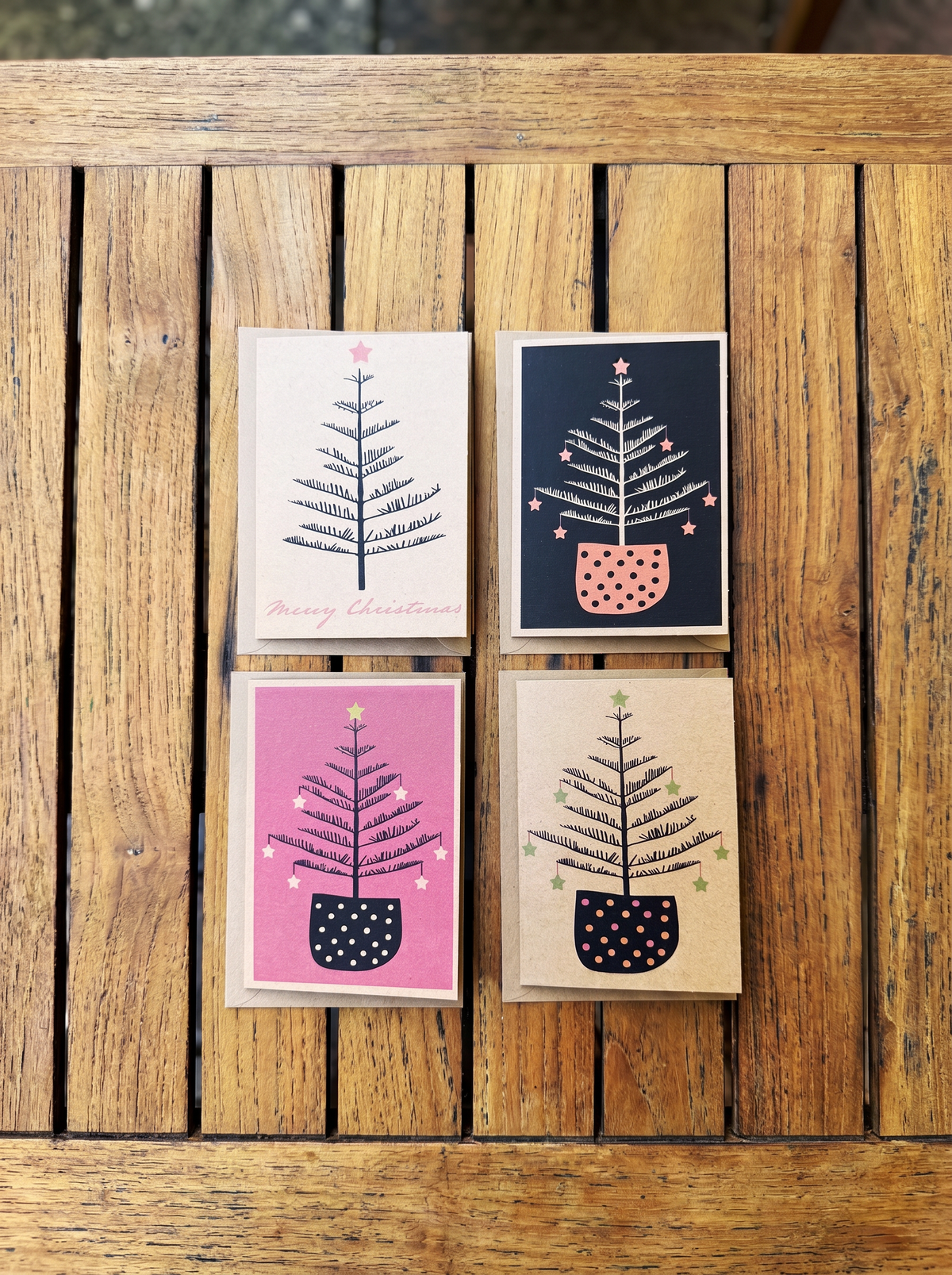 4 x Rustic Norfolk Pine Christmas Cards: Kraft Paper, Australian Made