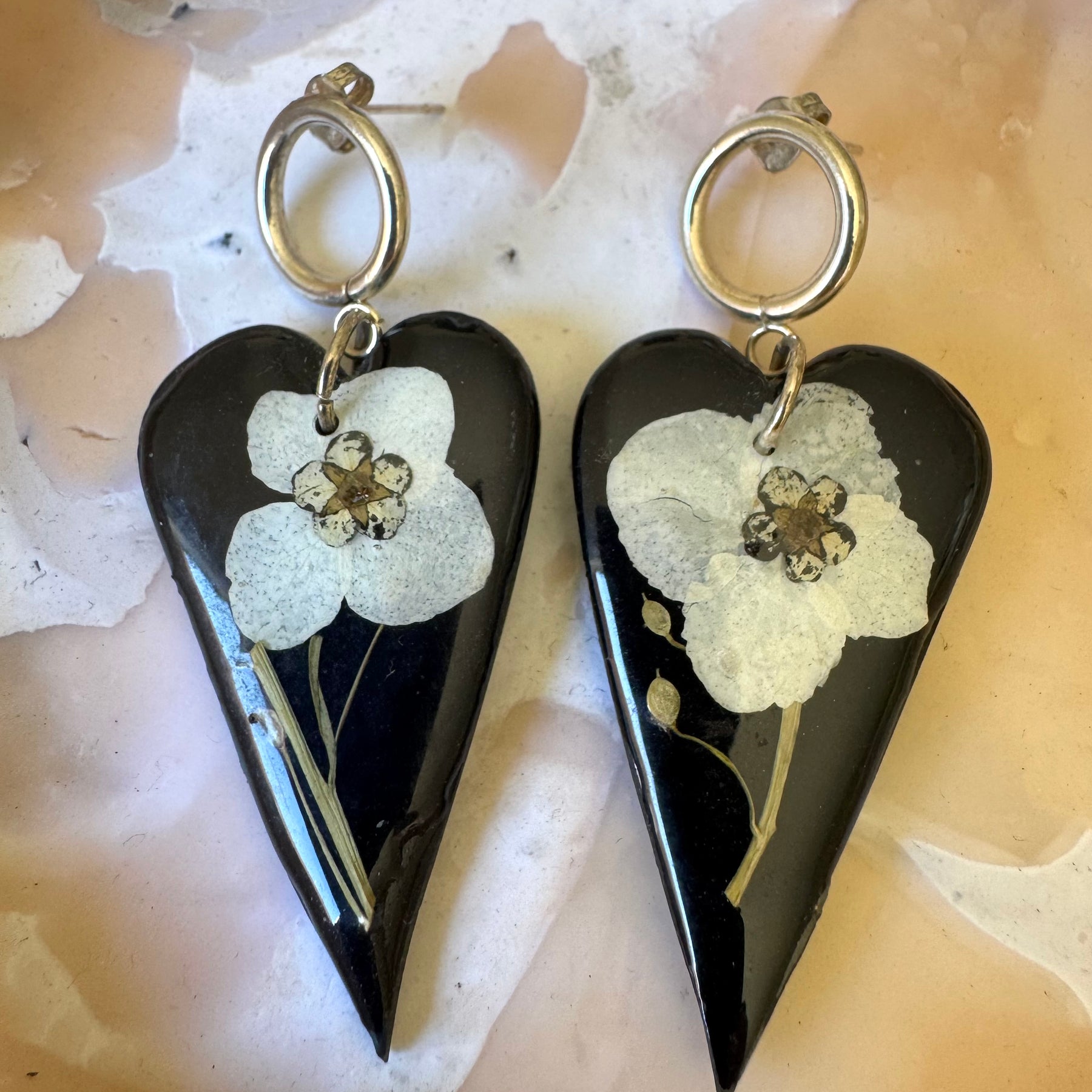 Floral black heart polymer clay earrings
