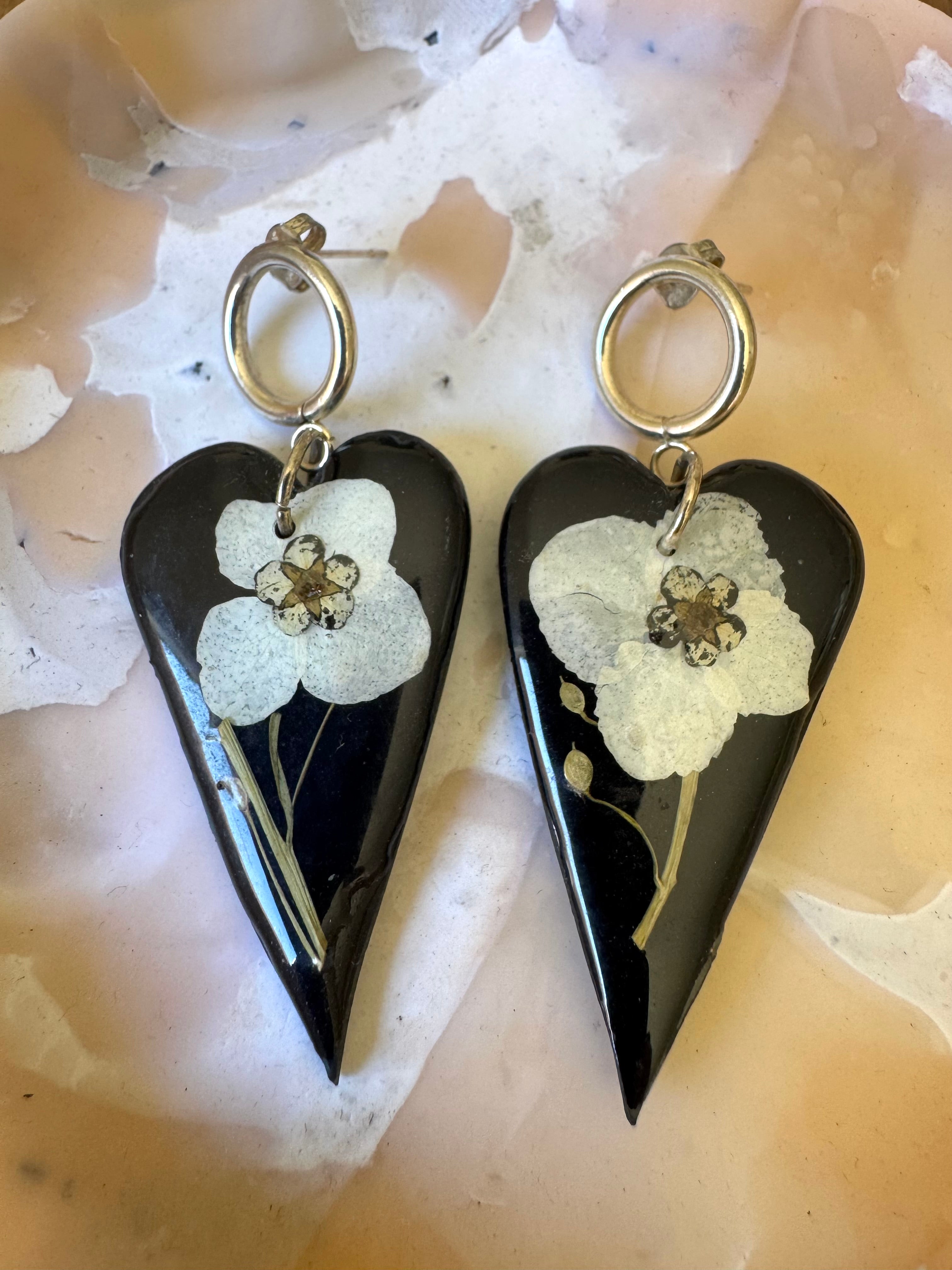 Floral black heart polymer clay earrings