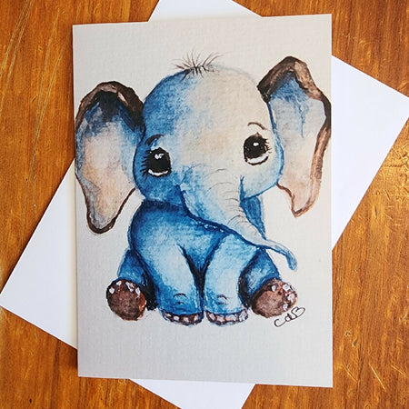 Blue Baby Elephant Watercolour Card