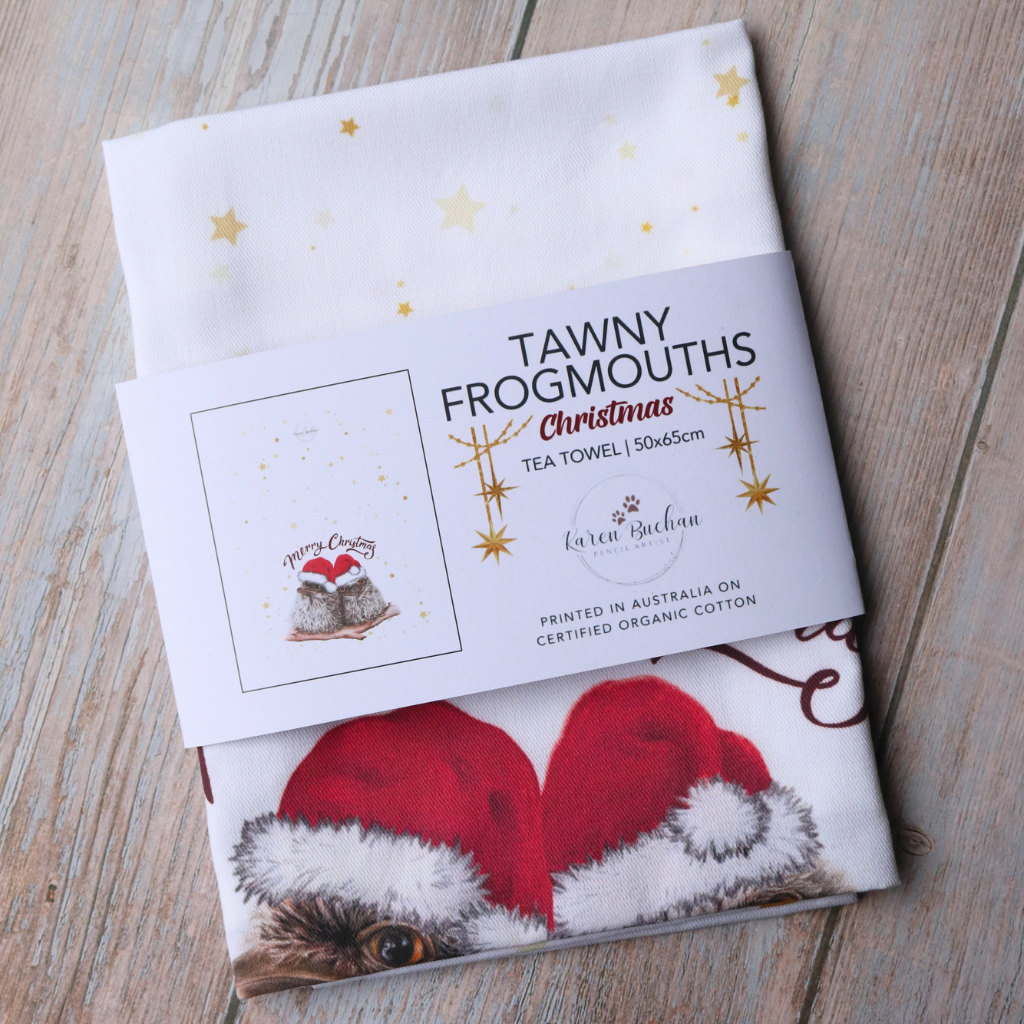Tawny Frogmouth Chicks | Christmas Cotton Tea Towel